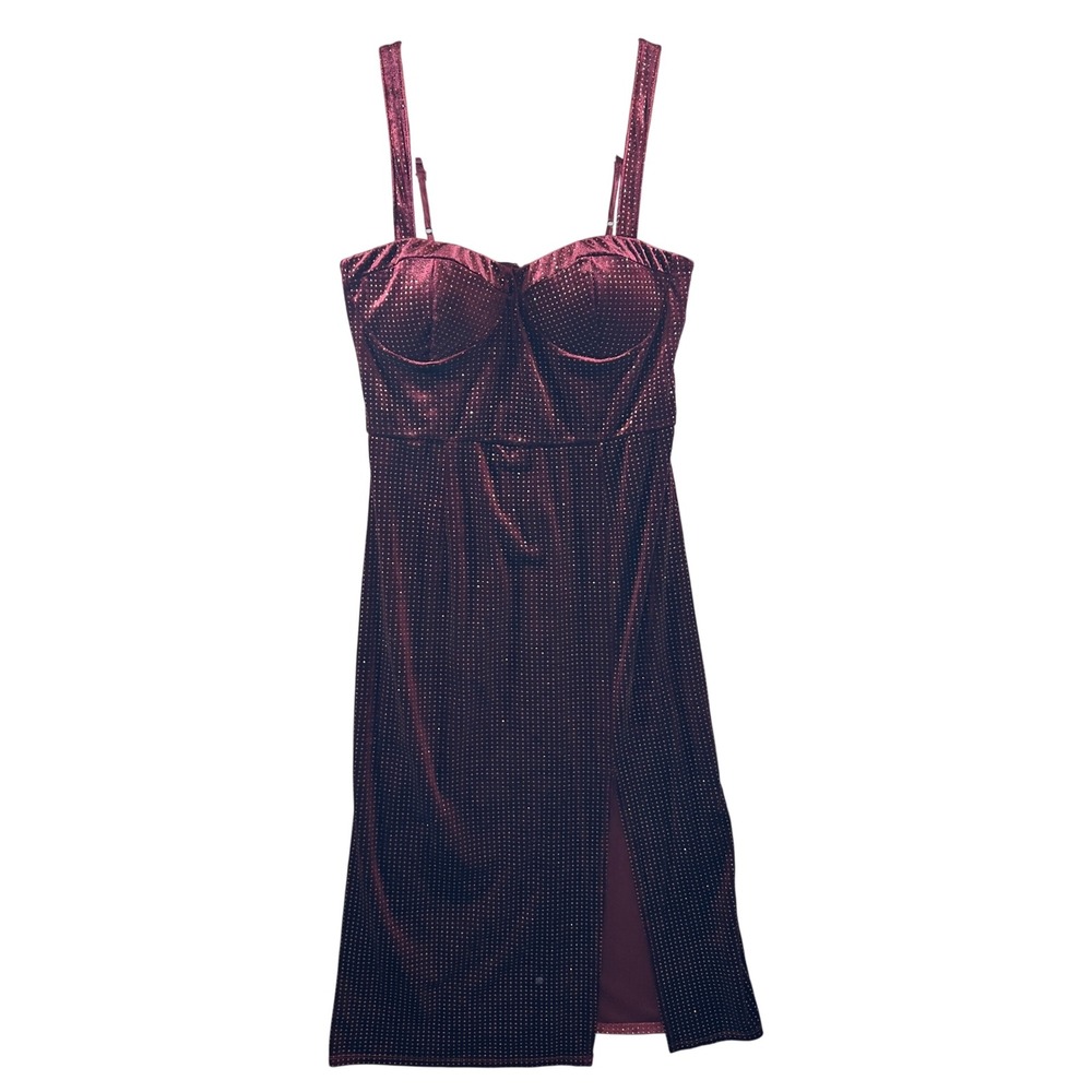 623 | Trixxi Burgundy Rhinestone Velvet Sweetheart Midi Dress Slit XL Bodycon